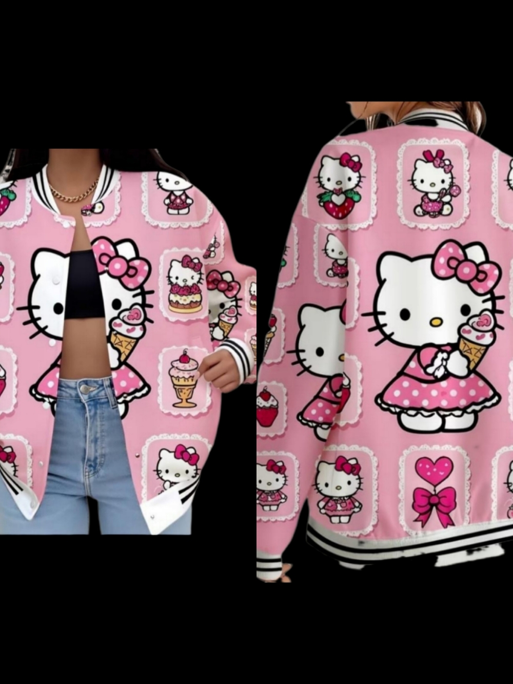 Hello Kitty Pink Patterned Varsity Bomber Jacket